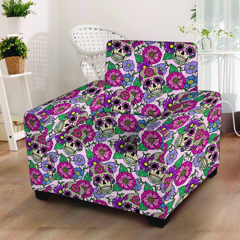 Pink Sugar Skull Floral Armchair Cover-grizzshop