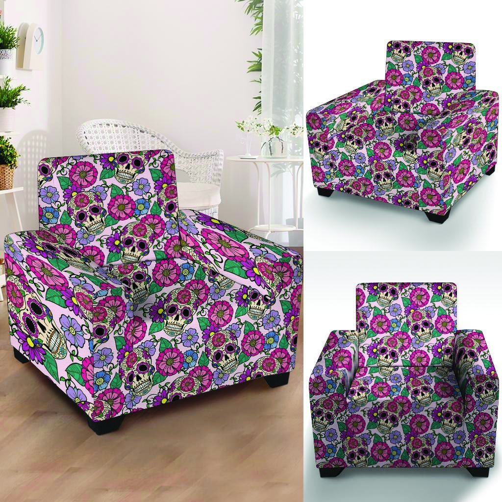 Pink Sugar Skull Floral Armchair Cover-grizzshop