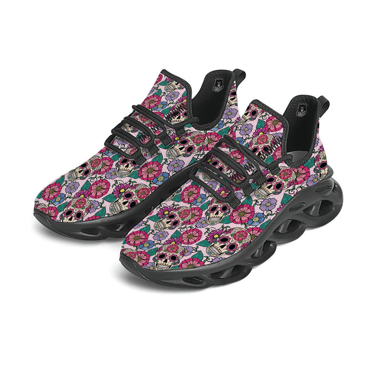 Pink Sugar Skull Floral Black Running Shoes-grizzshop