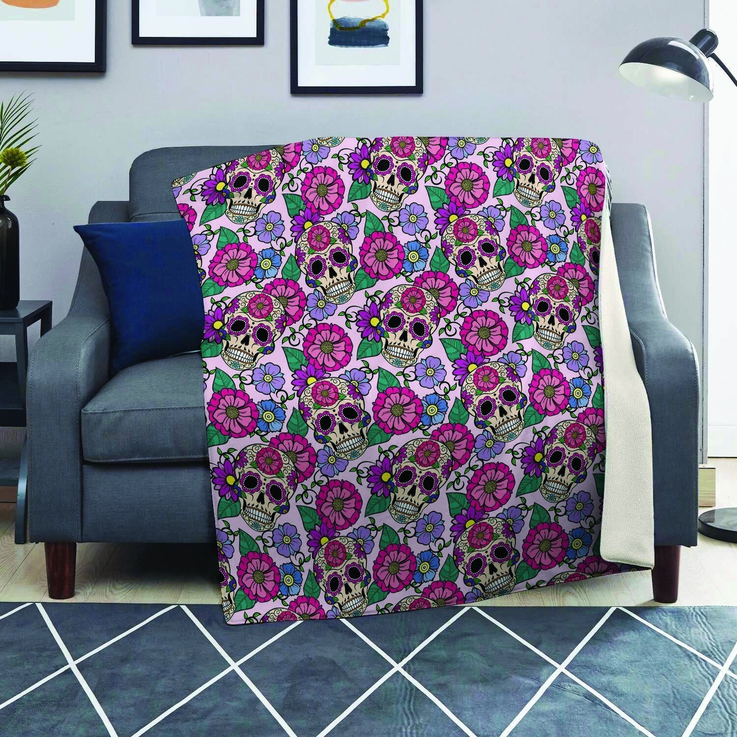 Pink Sugar Skull Floral Blanket-grizzshop