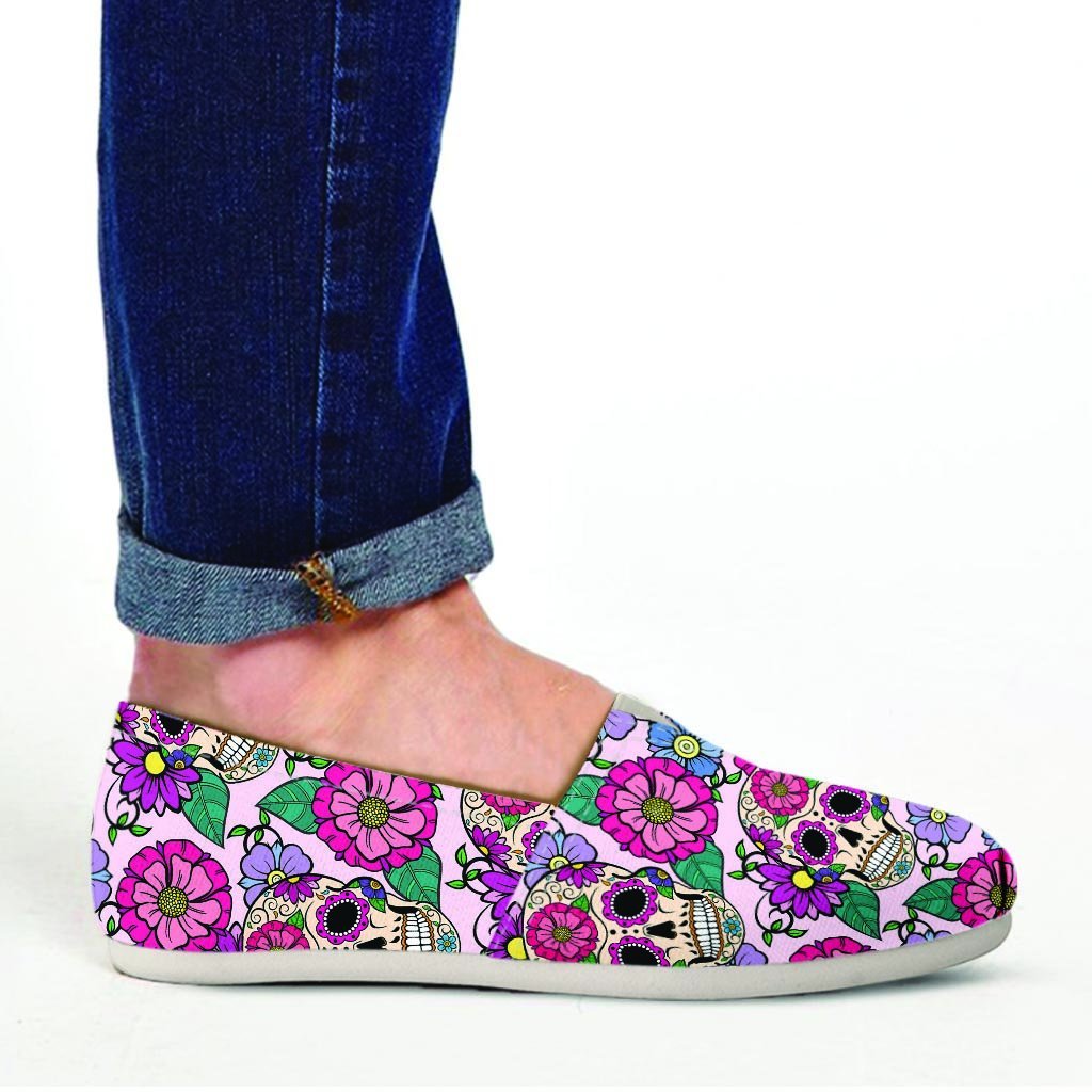 Pink Sugar Skull Floral Canvas Shoes-grizzshop