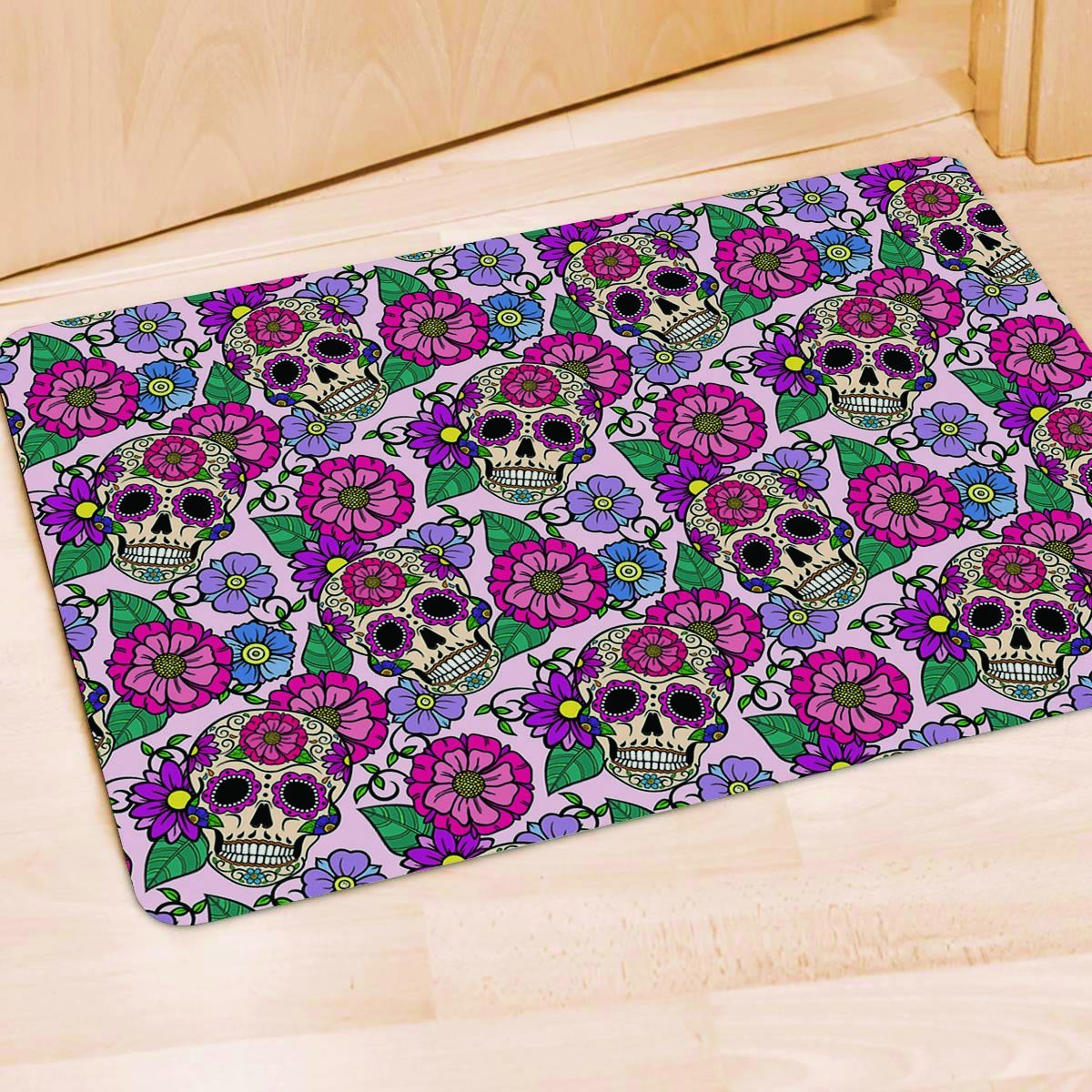 Pink Sugar Skull Floral Door Mat-grizzshop