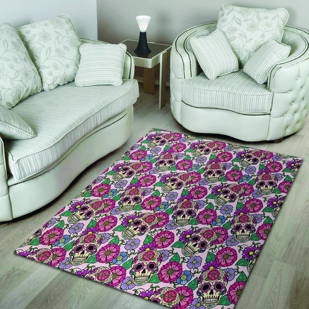 Pink Sugar Skull Floral Floor Mat-grizzshop