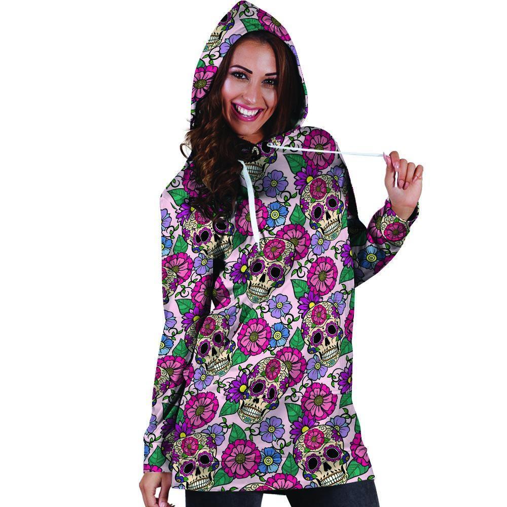 Pink Sugar Skull Floral Hoodie Dress-grizzshop