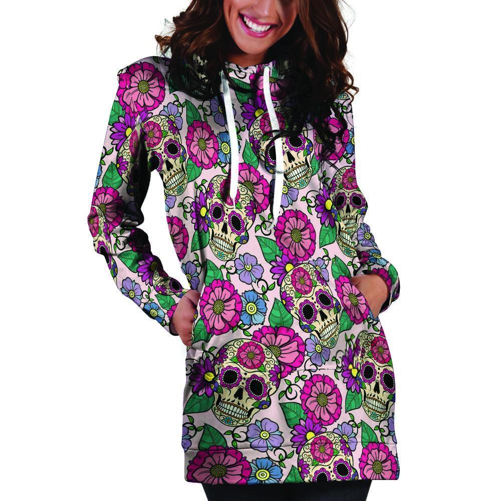 Pink Sugar Skull Floral Hoodie Dress-grizzshop