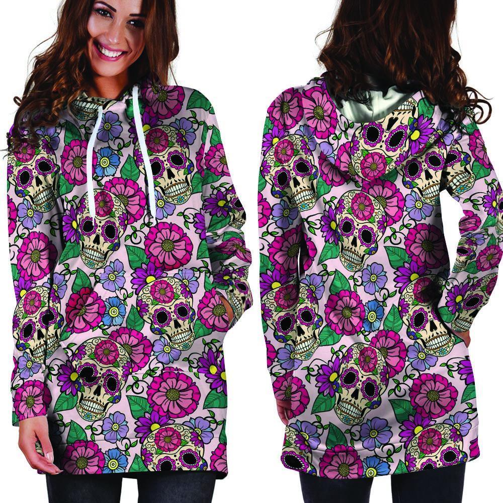 Pink Sugar Skull Floral Hoodie Dress-grizzshop