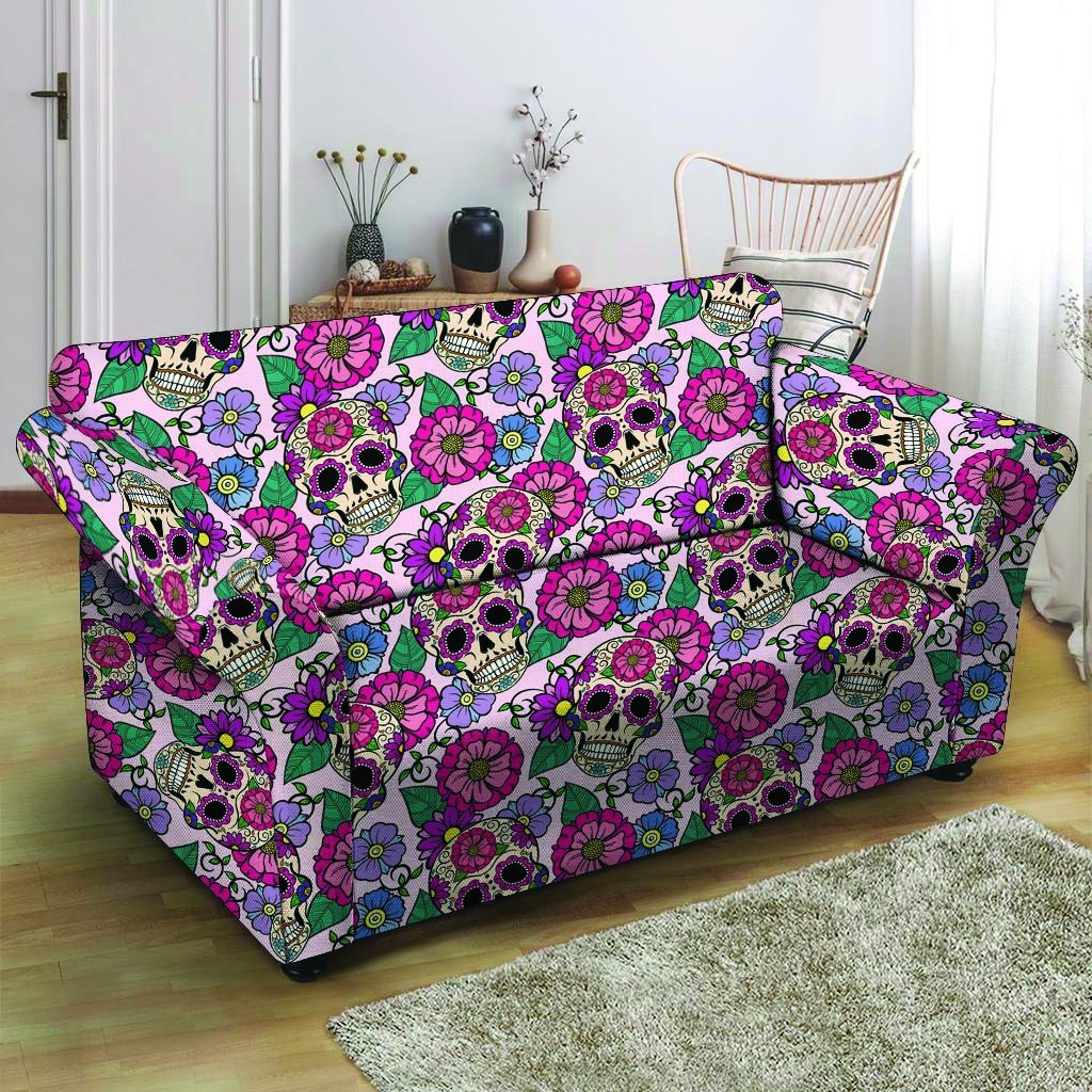 Pink Sugar Skull Floral Loveseat Cover-grizzshop