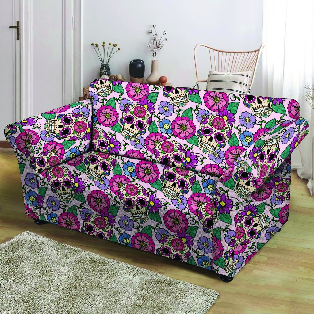 Pink Sugar Skull Floral Loveseat Cover-grizzshop