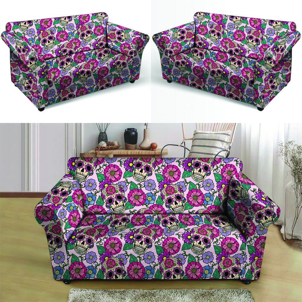 Pink Sugar Skull Floral Loveseat Cover-grizzshop