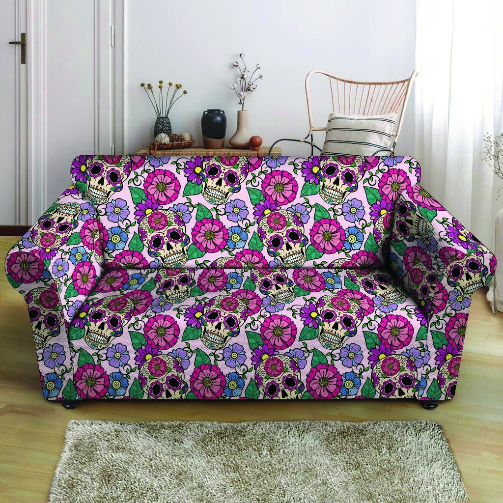 Pink Sugar Skull Floral Loveseat Cover-grizzshop