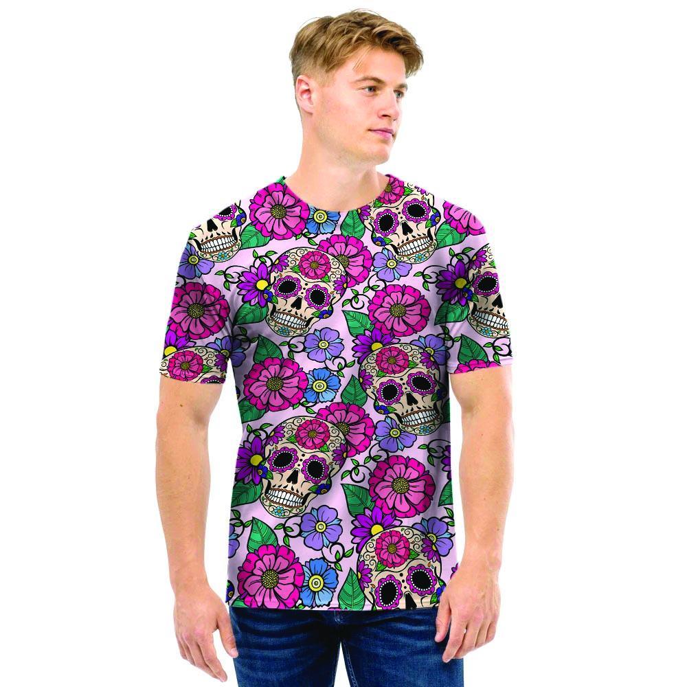 Pink Sugar Skull Floral Men T Shirt-grizzshop