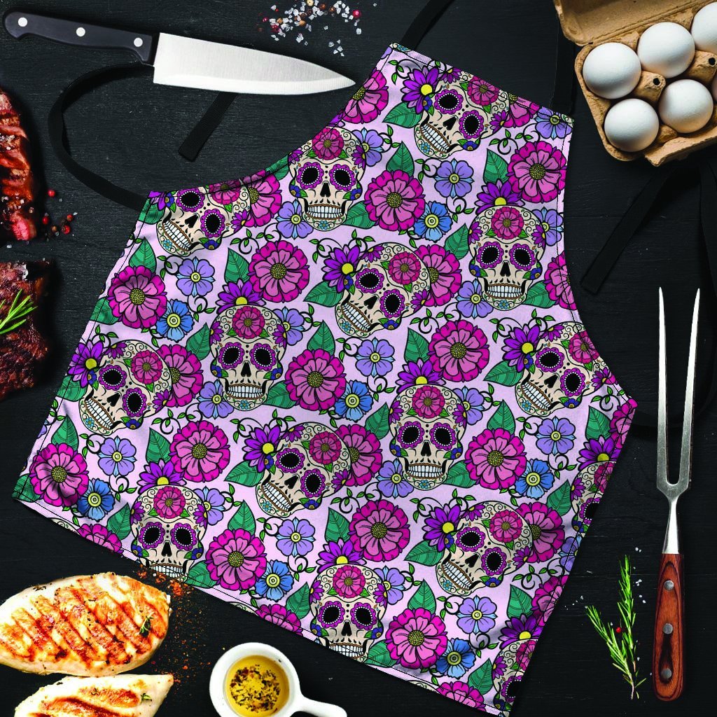 Pink Sugar Skull Floral Men's Apron-grizzshop