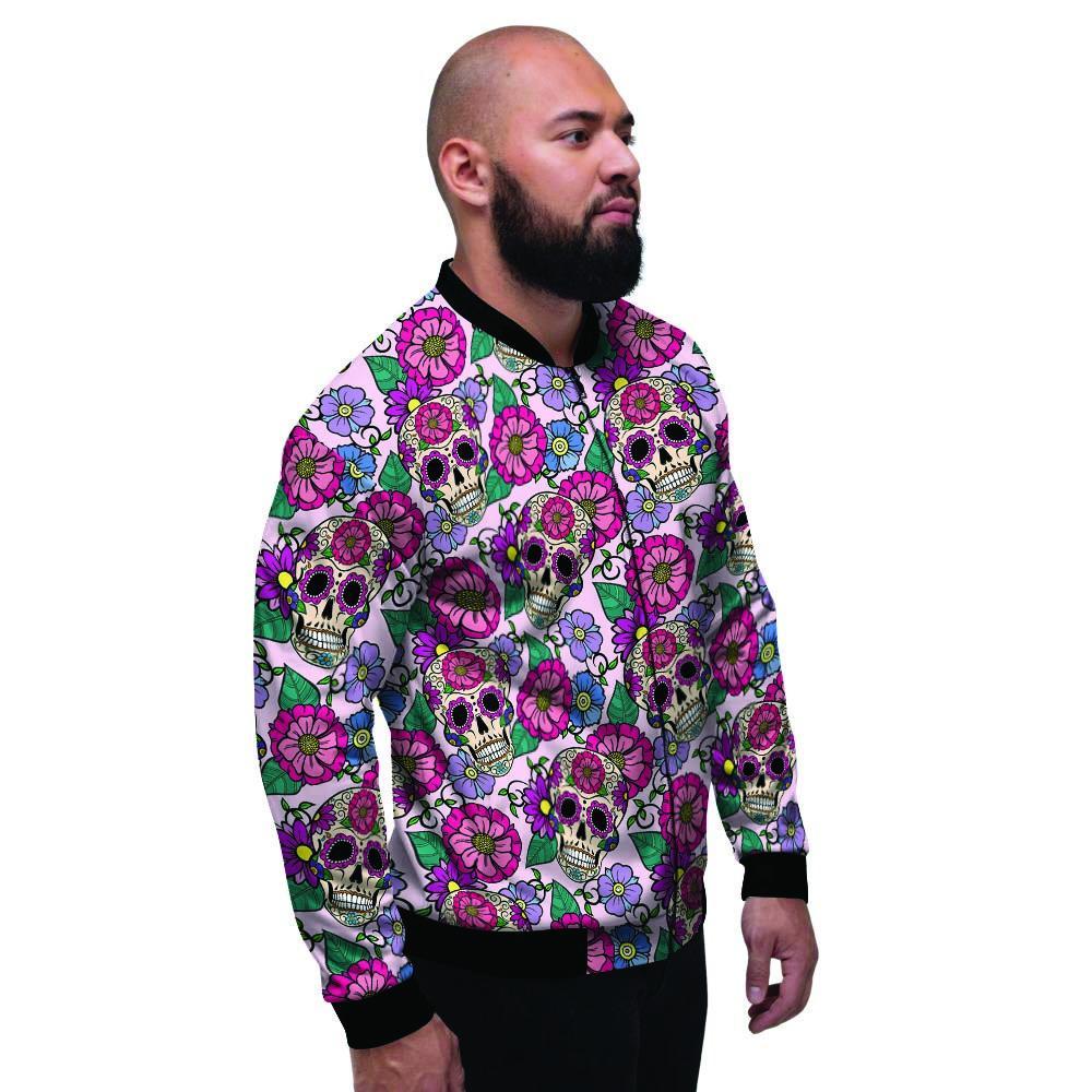 Pink Sugar Skull Floral Men's Bomber Jacket-grizzshop