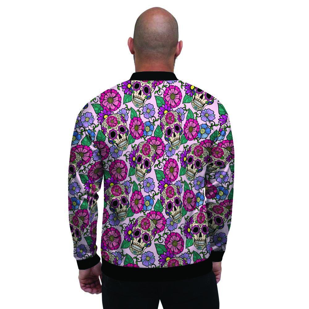 Pink Sugar Skull Floral Men's Bomber Jacket-grizzshop