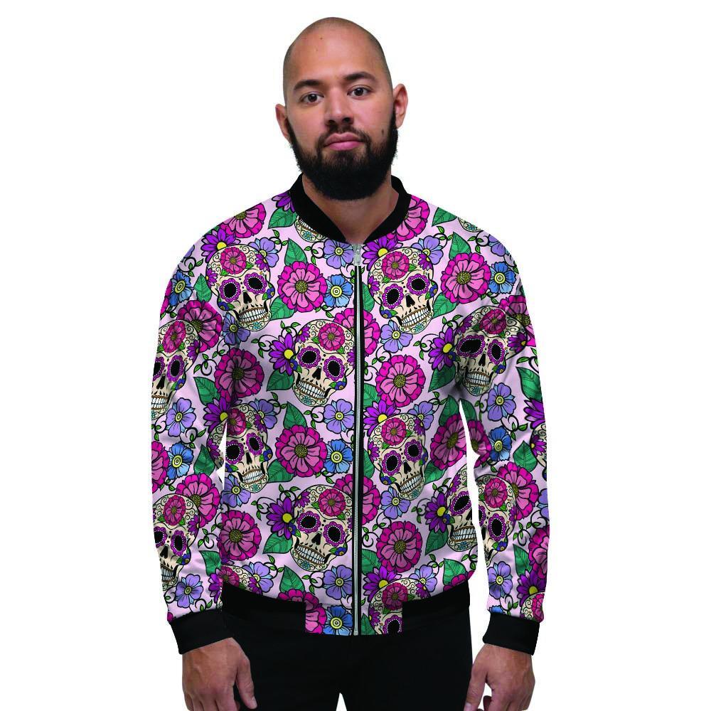 Pink Sugar Skull Floral Men's Bomber Jacket-grizzshop