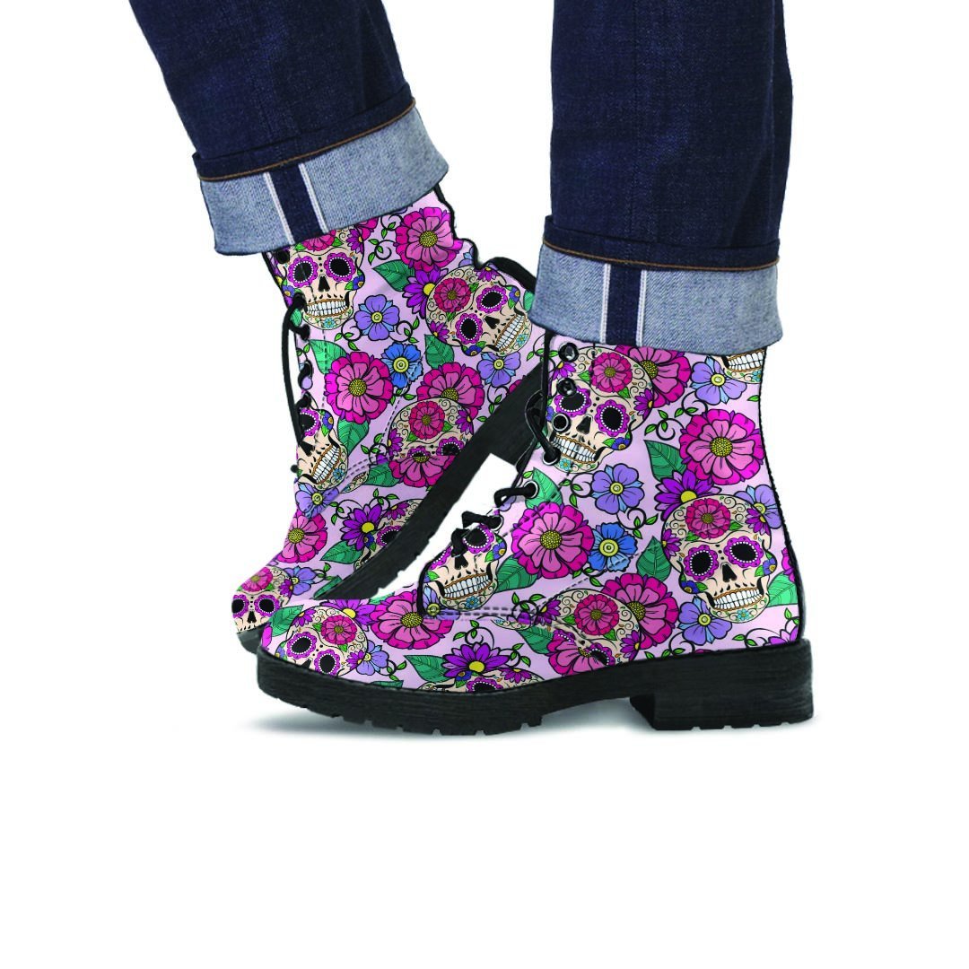 Pink Sugar Skull Floral Men's Boots-grizzshop