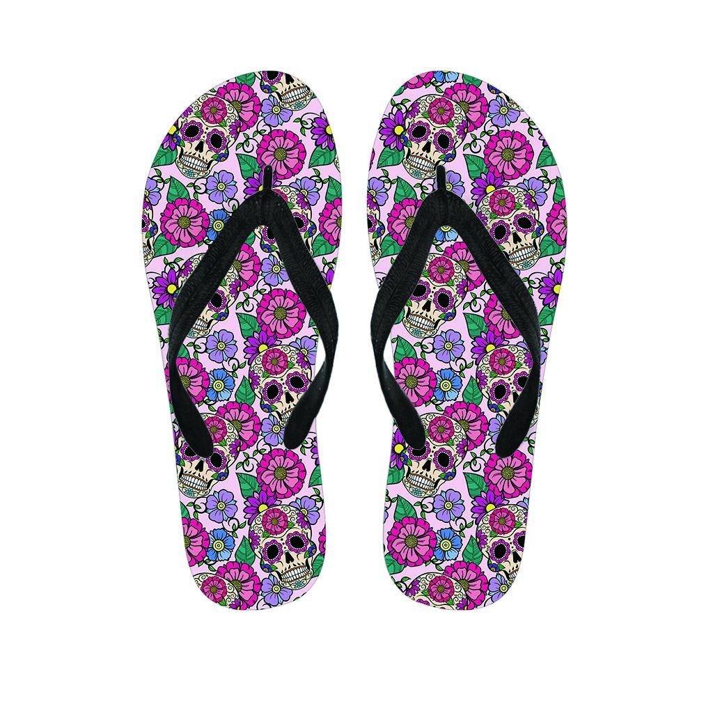 Pink Sugar Skull Floral Men's Flip Flops-grizzshop