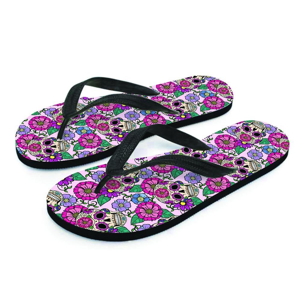 Pink Sugar Skull Floral Men's Flip Flops-grizzshop