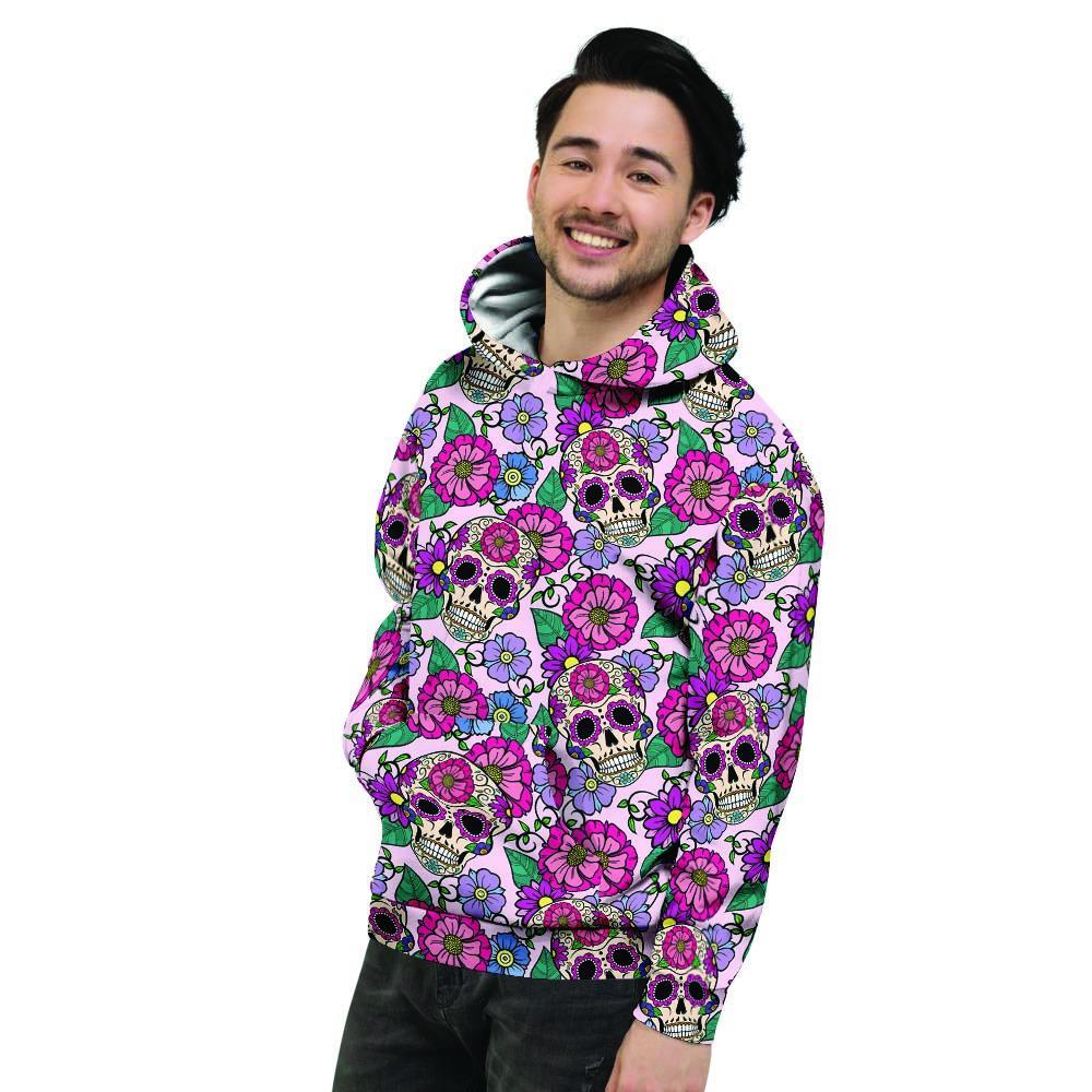 Pink Sugar Skull Floral Men's Hoodie-grizzshop