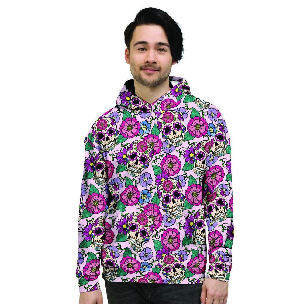 Pink Sugar Skull Floral Men's Hoodie-grizzshop