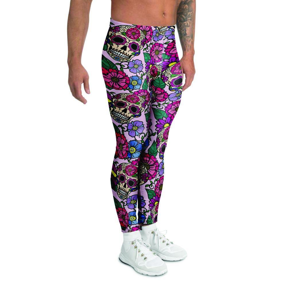 Pink Sugar Skull Floral Men's Leggings-grizzshop