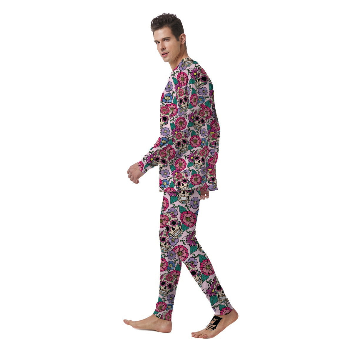 Pink Sugar Skull Floral Men's Pajamas-grizzshop