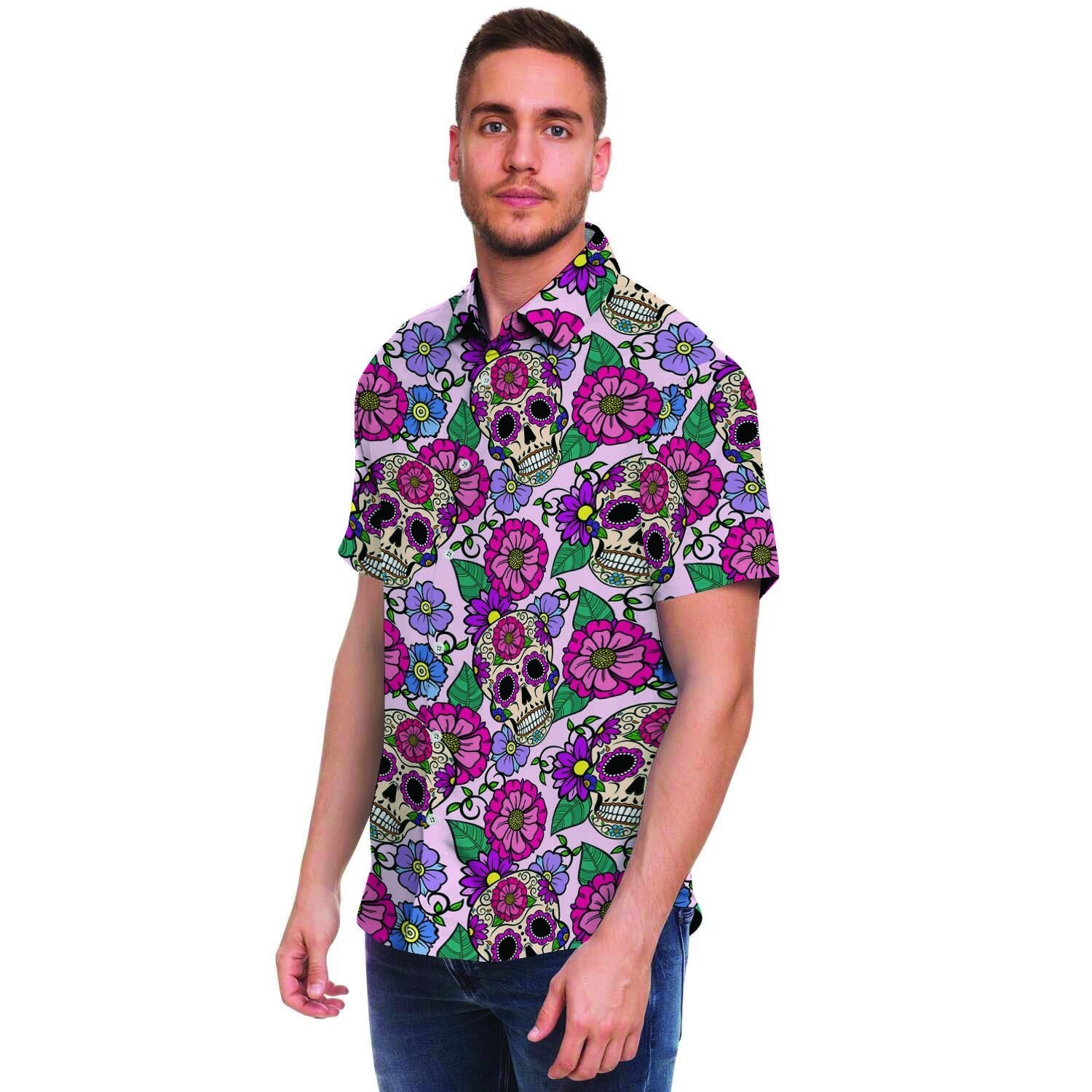 Pink Sugar Skull Floral Men's Short Sleeve Shirt-grizzshop