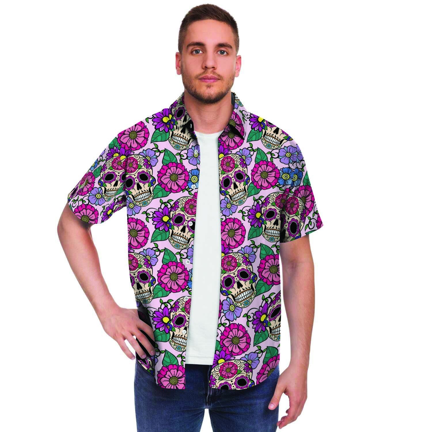 Pink Sugar Skull Floral Men's Short Sleeve Shirt-grizzshop