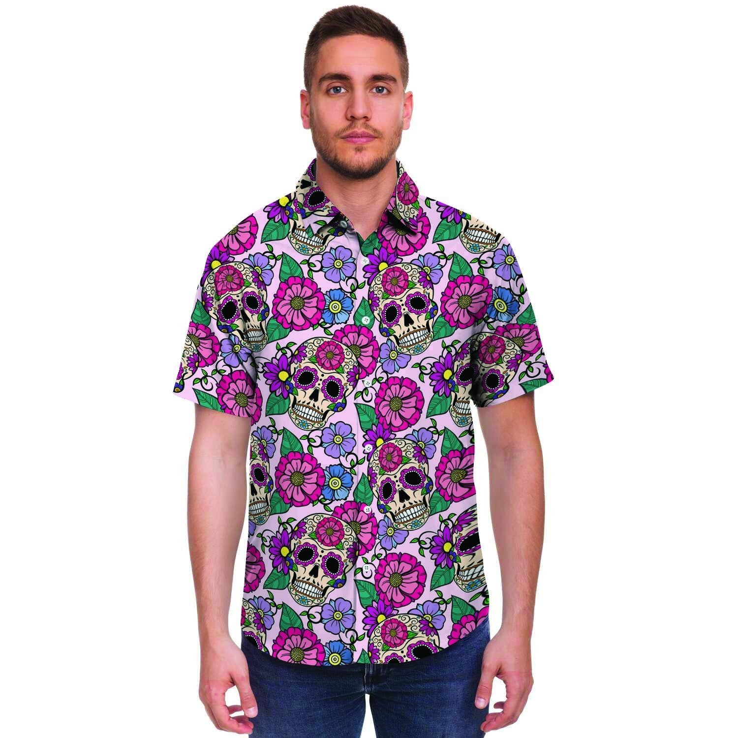 Pink Sugar Skull Floral Men's Short Sleeve Shirt-grizzshop