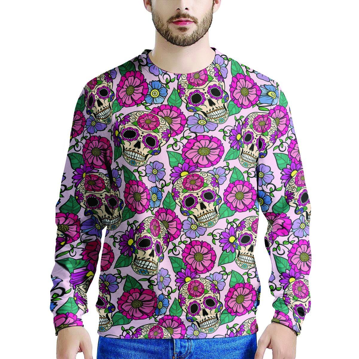 Pink Sugar Skull Floral Men's Sweatshirt-grizzshop