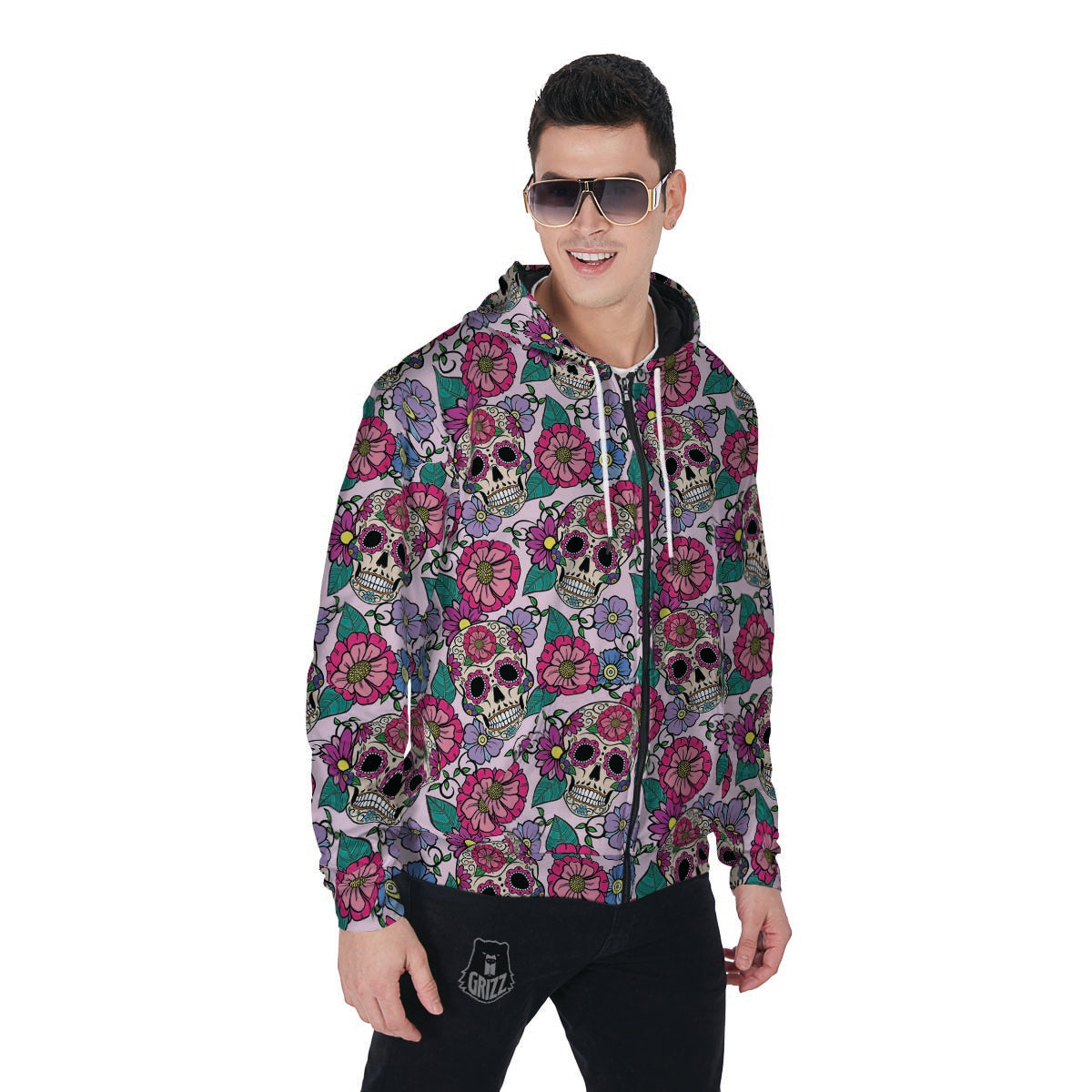 Pink Sugar Skull Floral Men's Zip Up Hoodie-grizzshop