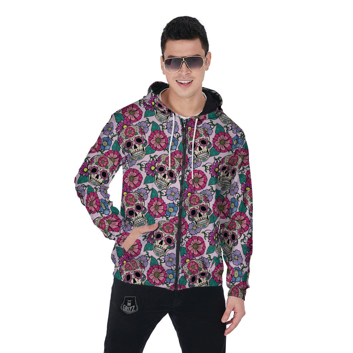 Pink Sugar Skull Floral Men's Zip Up Hoodie-grizzshop