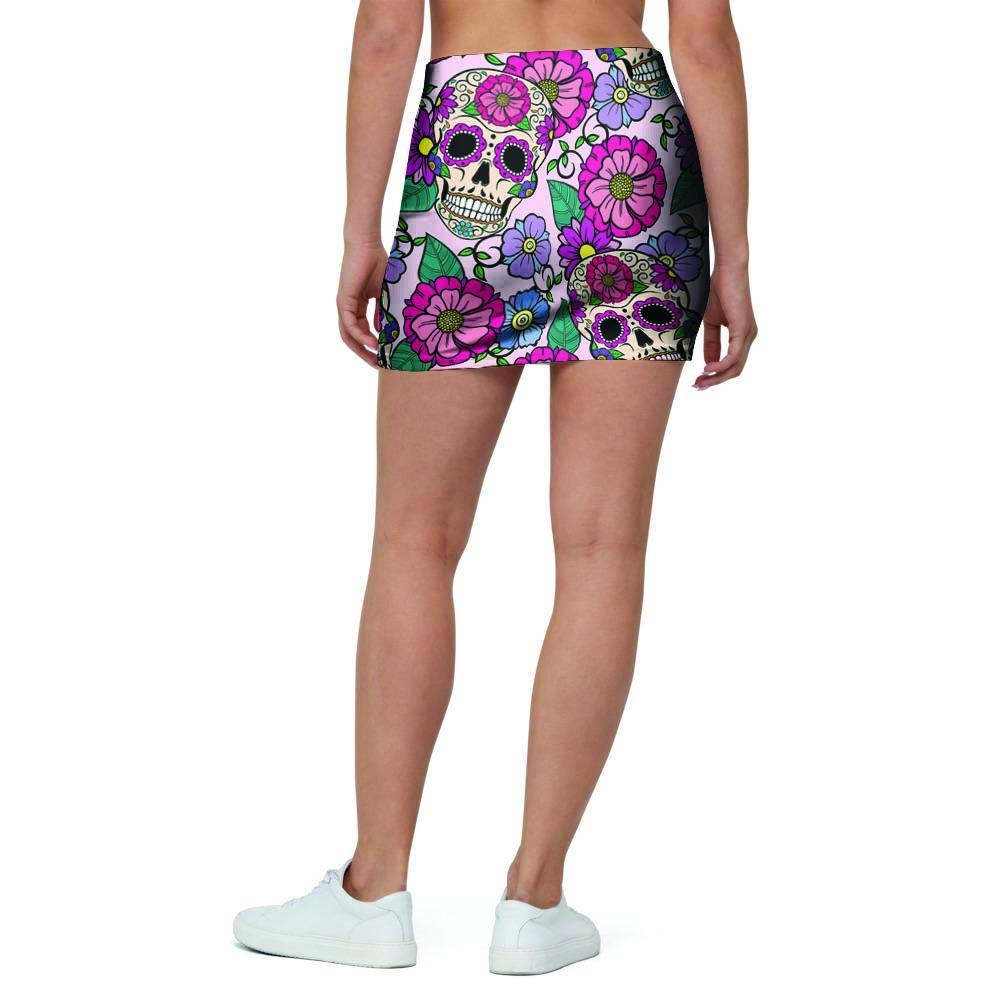 Pink Sugar Skull Floral Mini Skirt-grizzshop