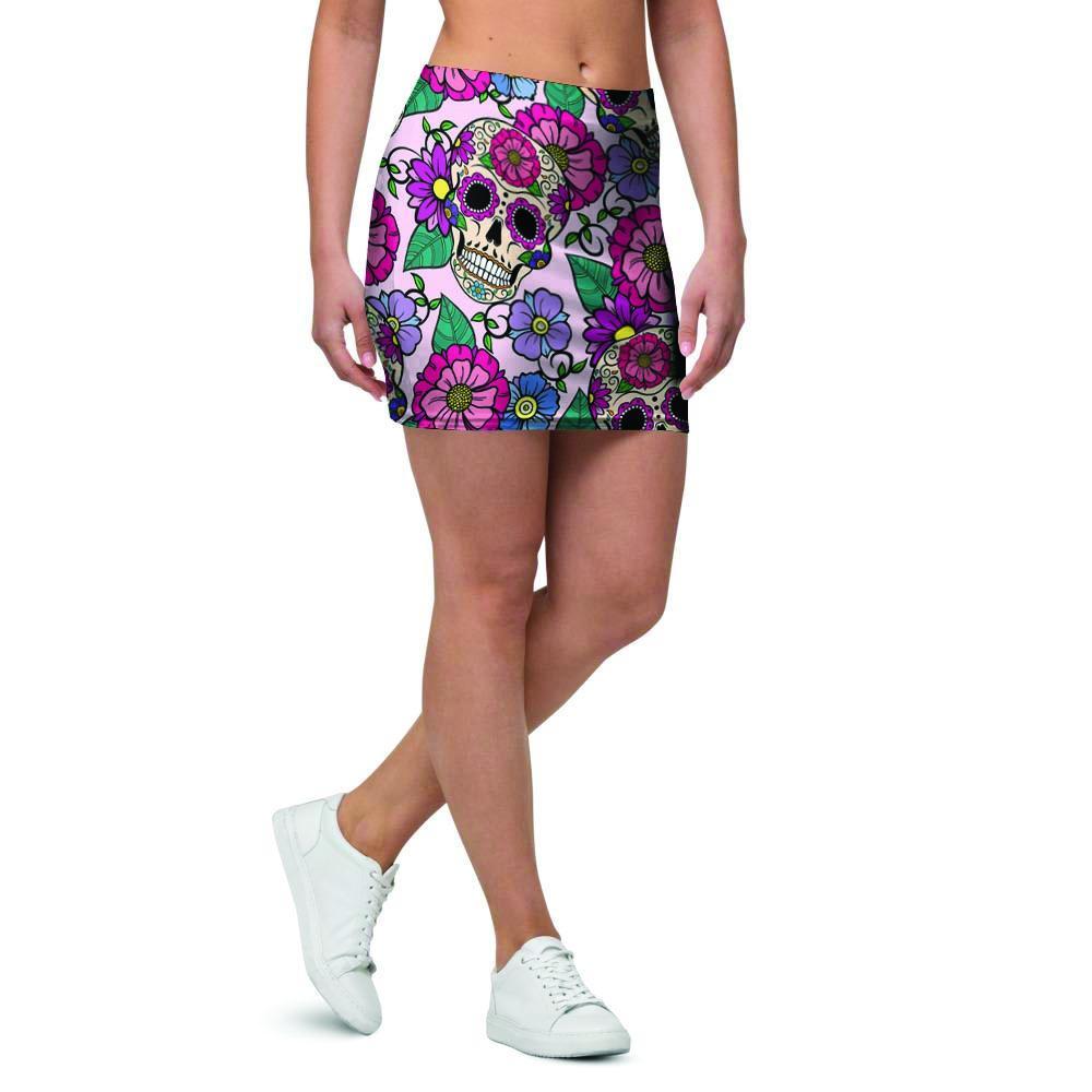 Pink Sugar Skull Floral Mini Skirt-grizzshop