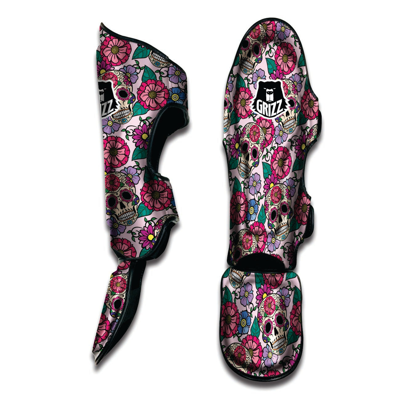 Pink Sugar Skull Floral Muay Thai Shin Guard-grizzshop