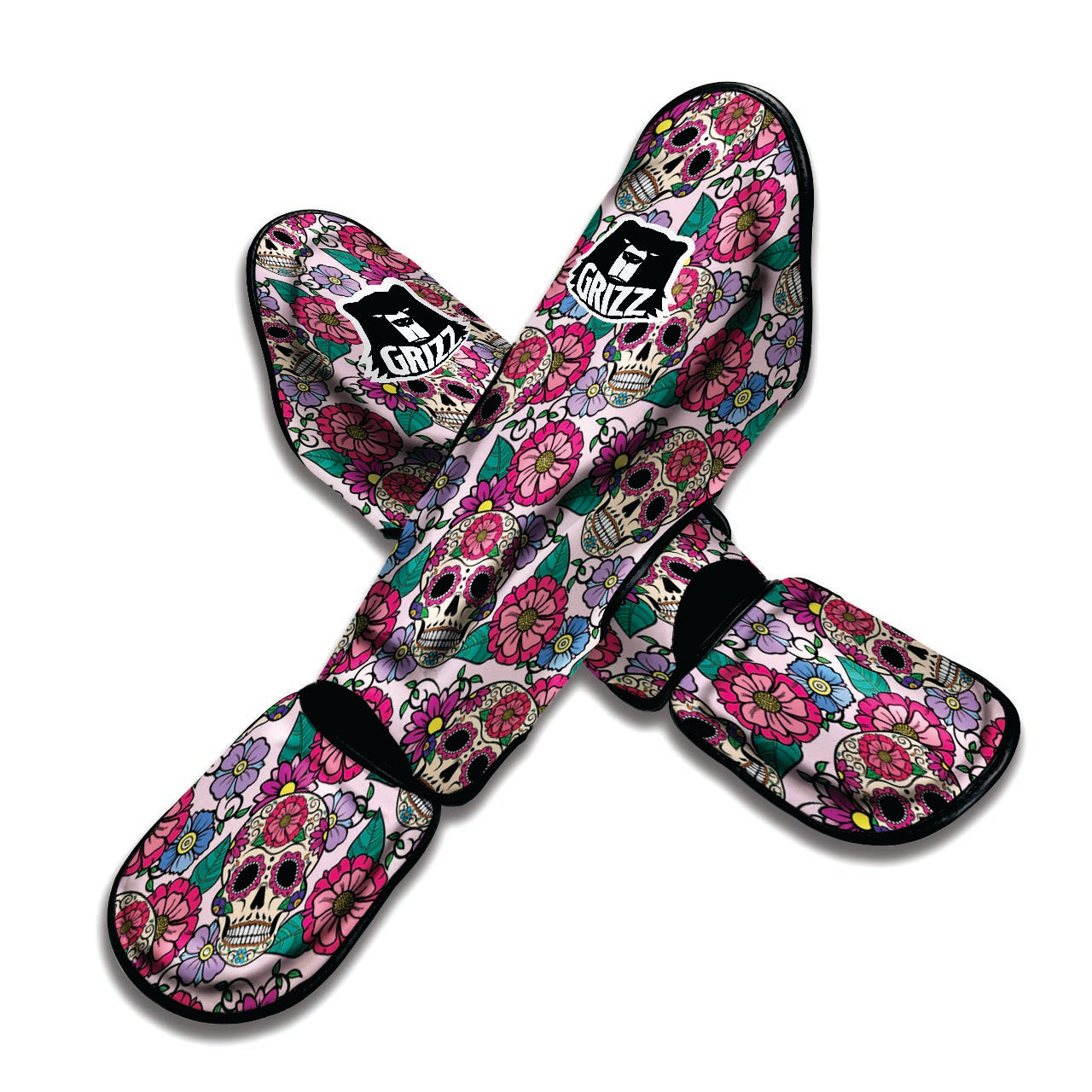 Pink Sugar Skull Floral Muay Thai Shin Guard-grizzshop