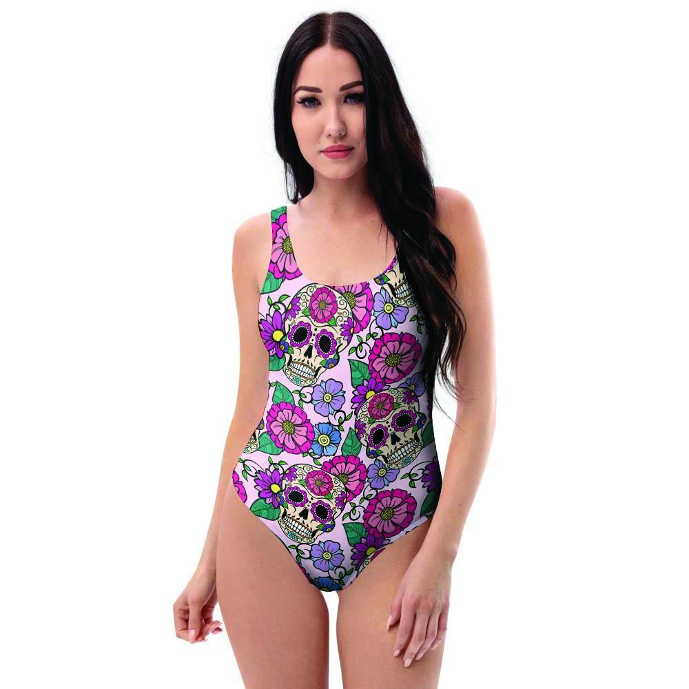 Pink Sugar Skull Floral One Piece Swimsuite-grizzshop