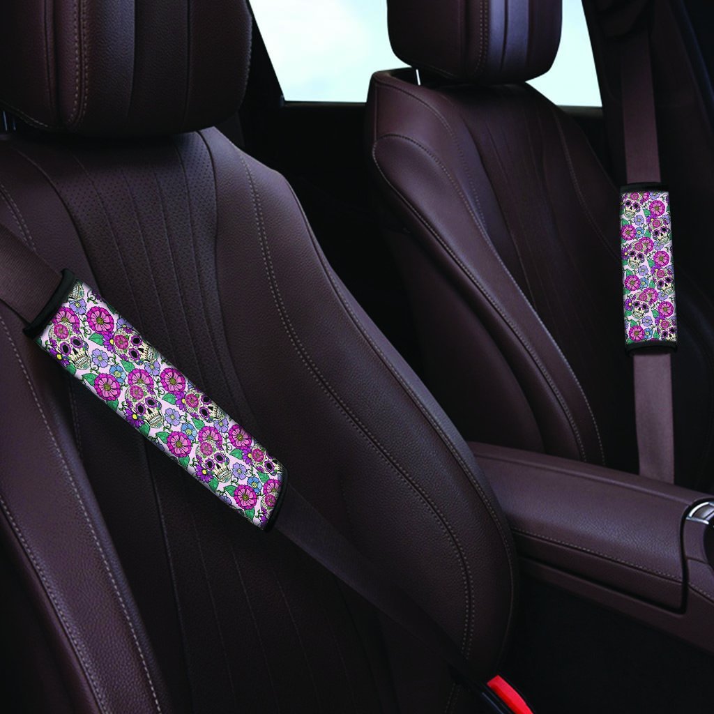 Pink Sugar Skull Floral Seat Belt Cover-grizzshop