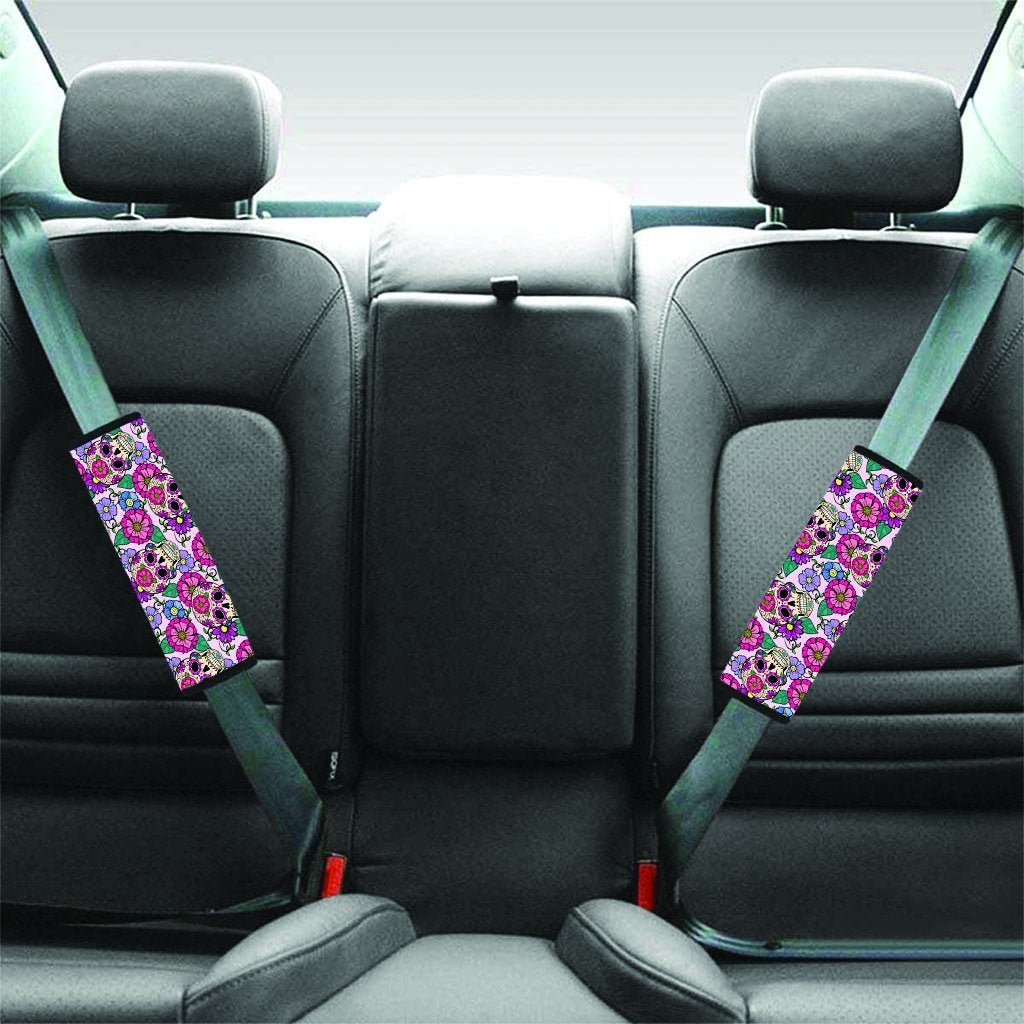 Pink Sugar Skull Floral Seat Belt Cover-grizzshop