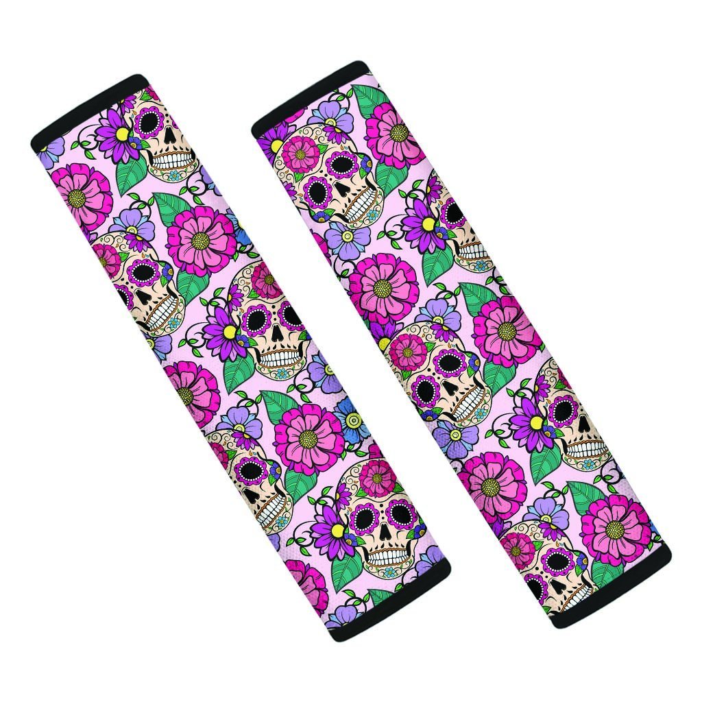 Pink Sugar Skull Floral Seat Belt Cover-grizzshop