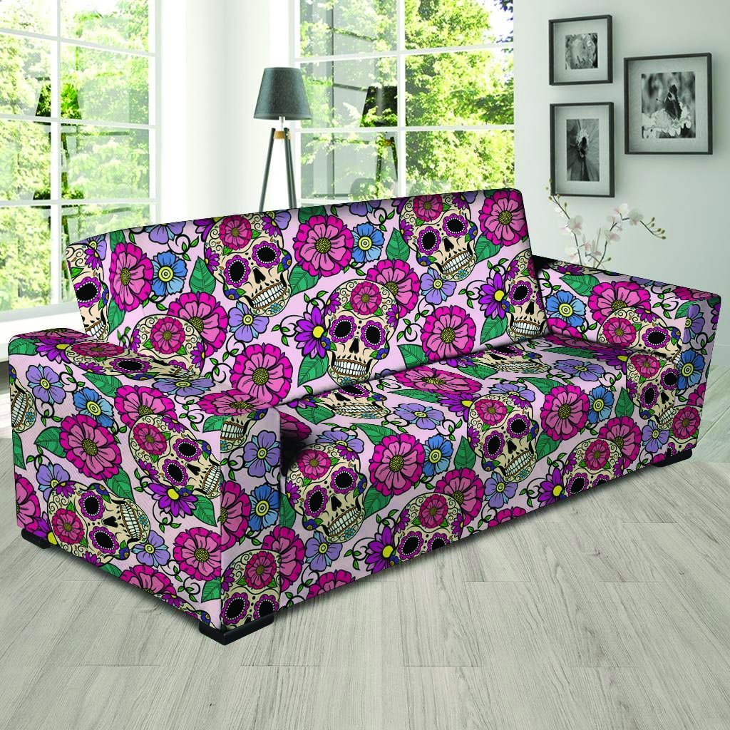 Pink Sugar Skull Floral Sofa Cover-grizzshop