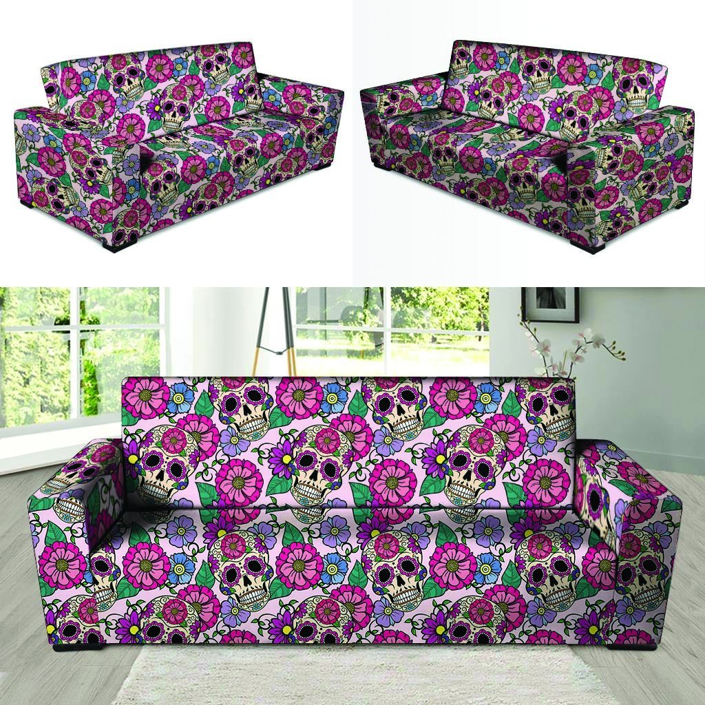 Pink Sugar Skull Floral Sofa Cover-grizzshop