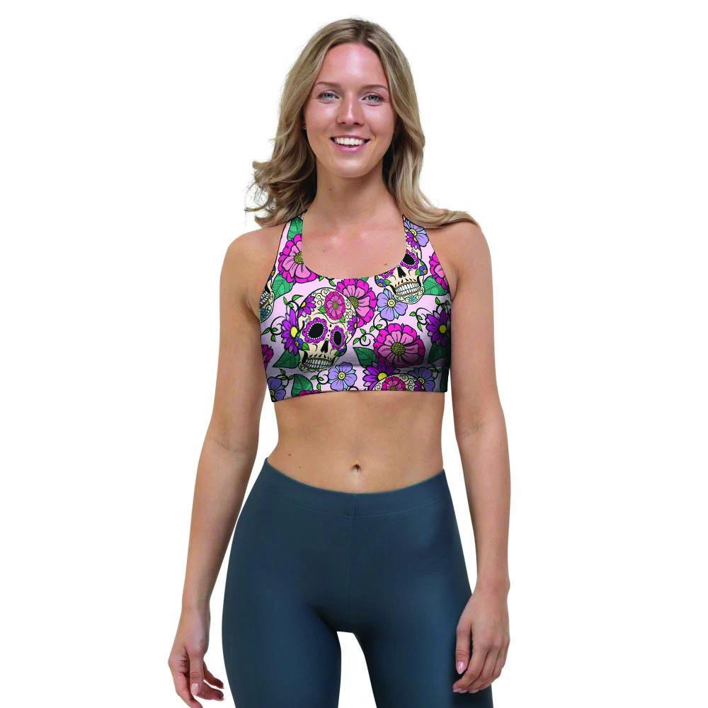 Pink Sugar Skull Floral Sports Bra-grizzshop