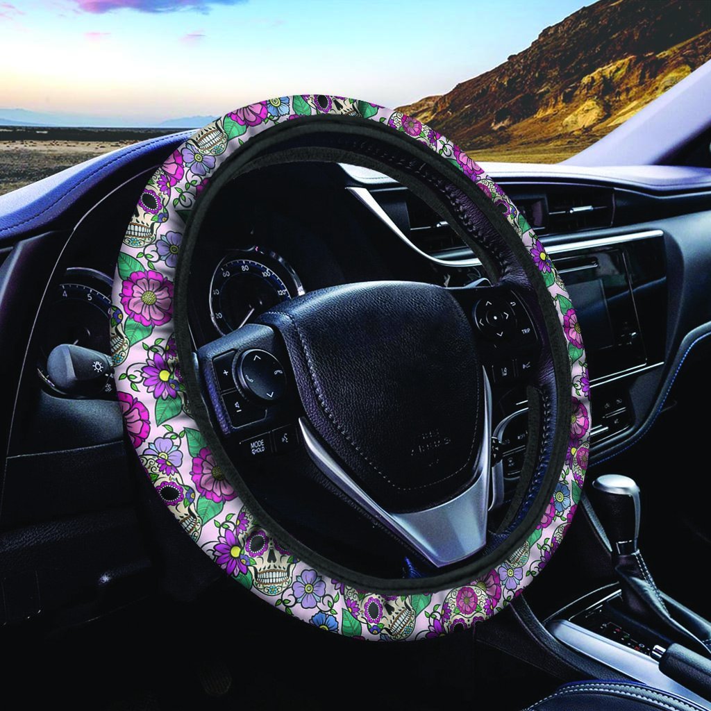 Pink Sugar Skull Floral Steering Wheel Cover-grizzshop