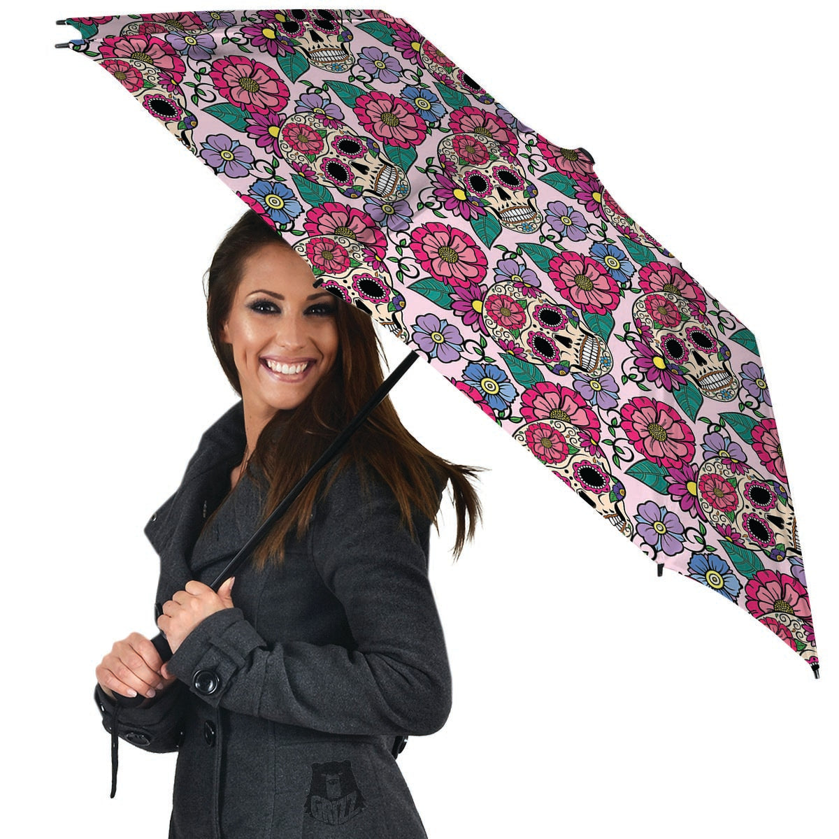 Pink Sugar Skull Floral Umbrella-grizzshop