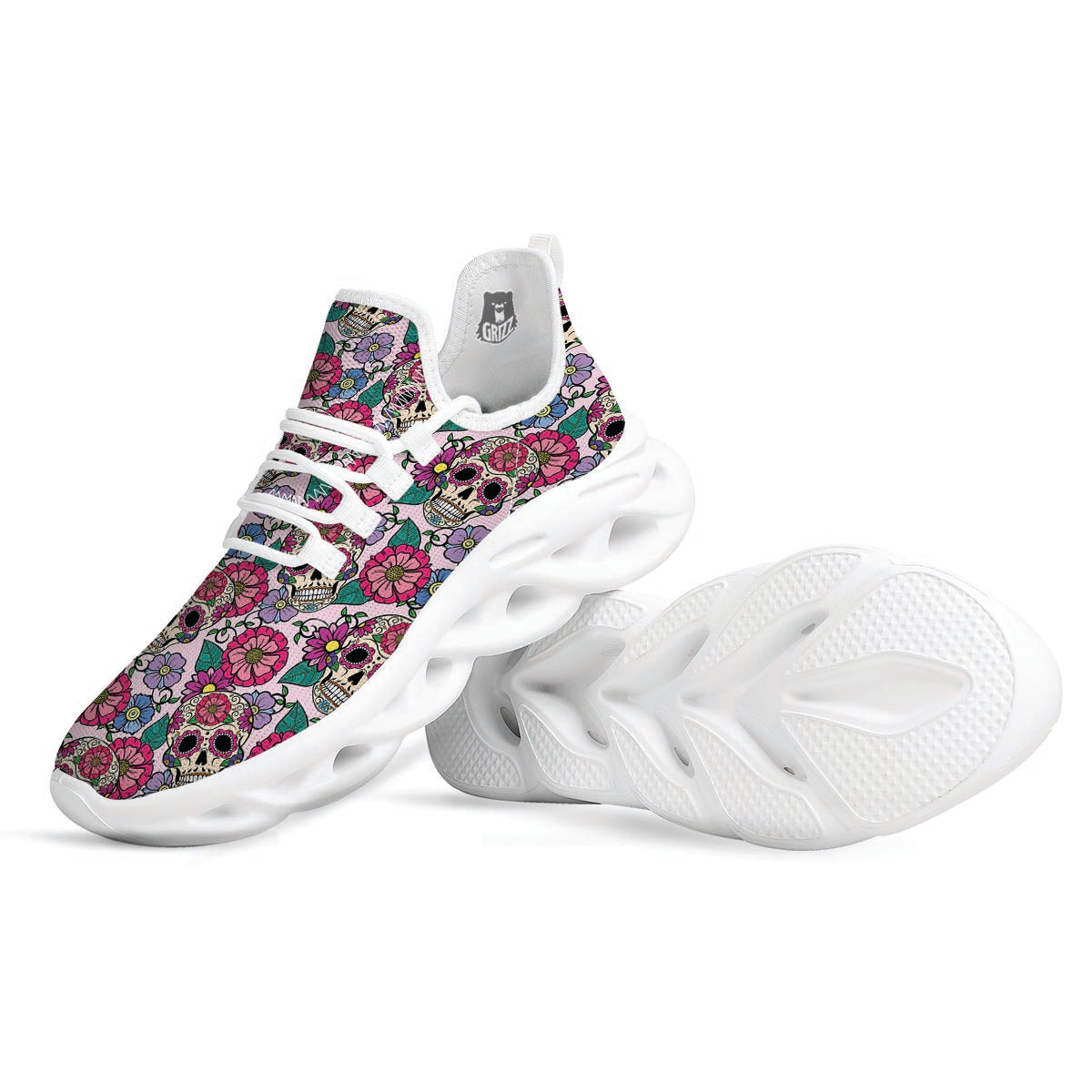 Pink Sugar Skull Floral White Running Shoes-grizzshop