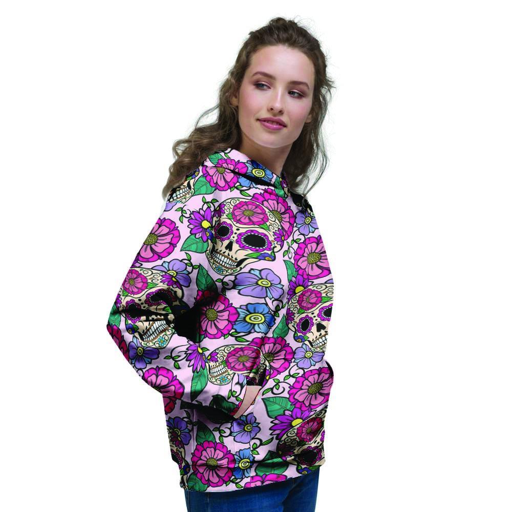 Pink Sugar Skull Floral Women's Hoodie-grizzshop