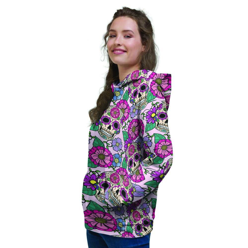 Pink Sugar Skull Floral Women's Hoodie-grizzshop