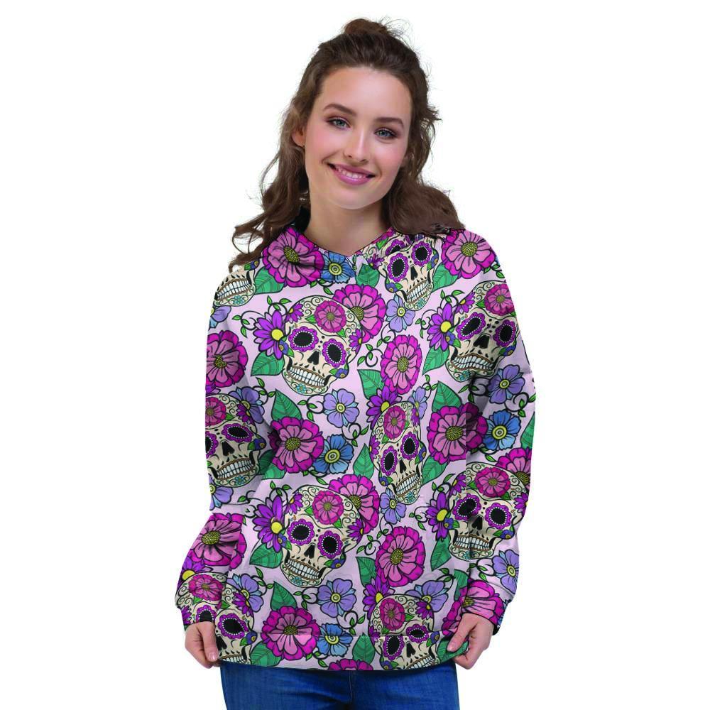 Pink Sugar Skull Floral Women's Hoodie-grizzshop