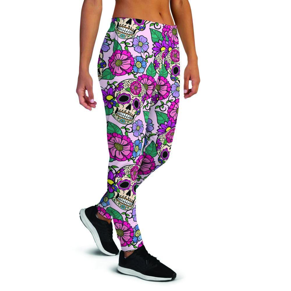 Pink Sugar Skull Floral Women's Joggers-grizzshop